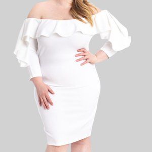 White Ruffle Off Shoulder Bodycon Dress, Symphony